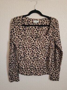 Faded Rose Leopard Soft Stretch Animal print Black Tan Square Neck top XL Lounge
